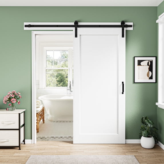 36" x 80" White Primed Finish Solid Manufactured Wood Sliding Barn Door With Installation Hardware Kit (No Assembly Required)