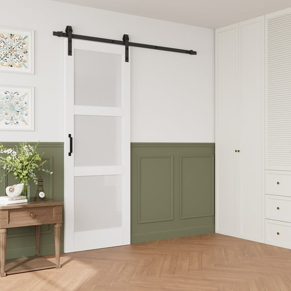 36'' x 84'' 3-Piece Frosted Glass Sliding Barn Door – MDF & Solid Wood 3-Lite Interior Closet Door with Installation Hardware Kit