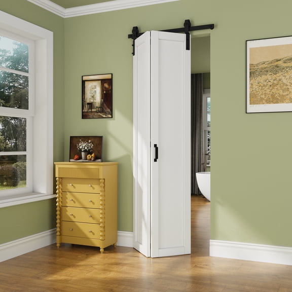 36'' x 84'' Bifold Barn Doors and Hardware Included, White Smooth Paintable Pre-assembled Solid Core Panels & Bi-fold Barn Door Hardware Kit-Fit Max Opening 36in x 84in