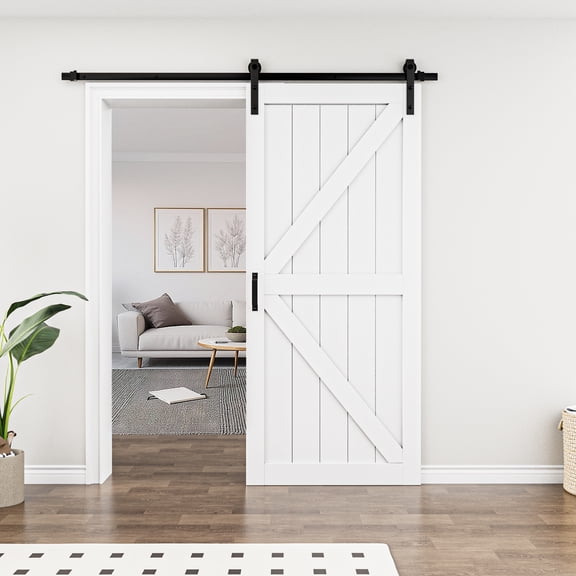36'' x 84'' Modern K Shape Primed Sliding Barn Door with Installation Hardware Kit (Double Door & Soft Close Optional)