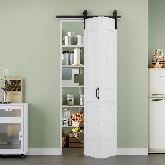 36'' x 84'' Molded Bifold Barn Doors and Hardware Included, White Smooth Paintable Pre-assembled Solid Core Panels & Bi-fold Barn Door Hardware Kit, 4 Panel Design-Fit Max Opening 36in x 84in