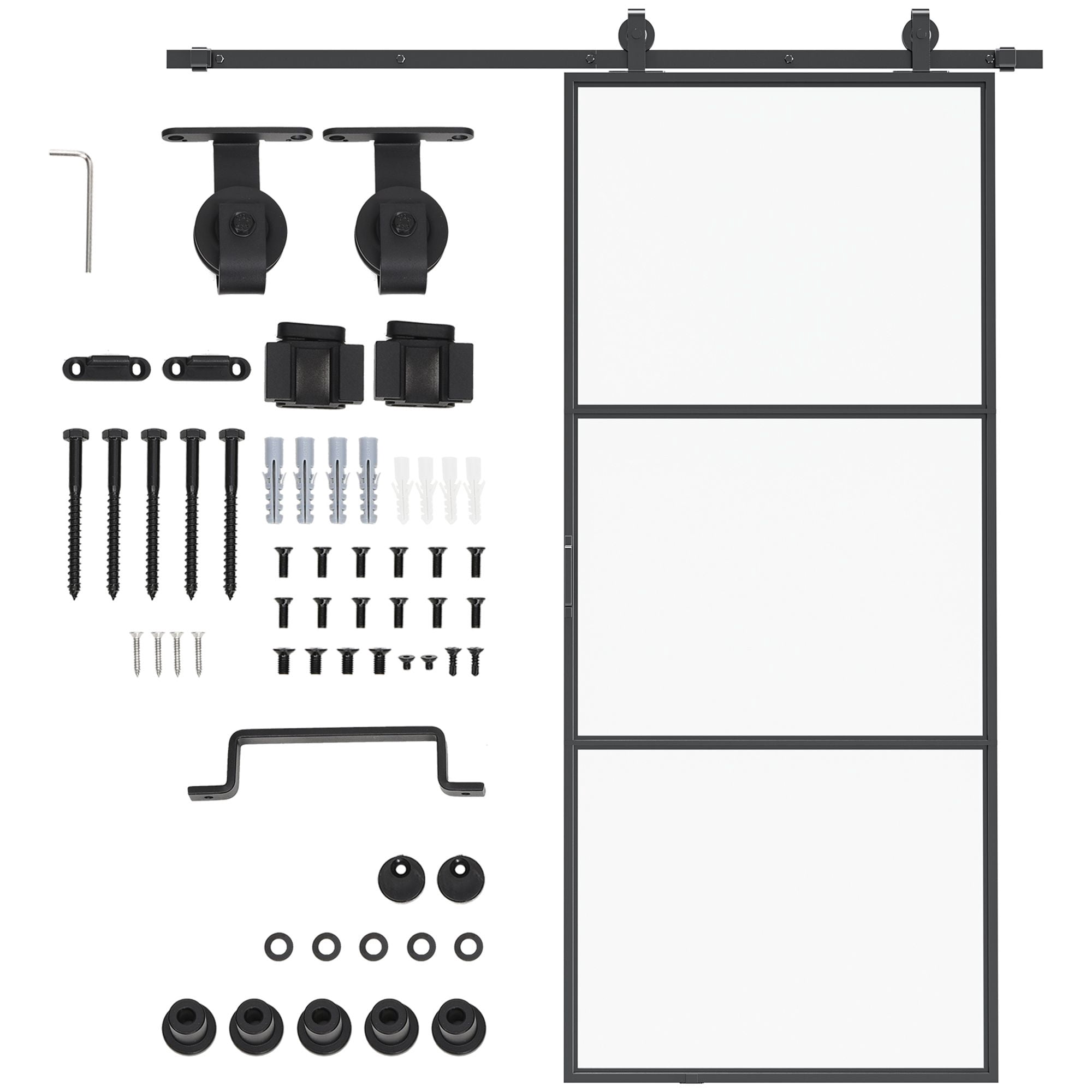 36 x 84 in Sliding Door with 6FT Hardware Kit and Handle, Industrial Frosted Tempered Glass Door with Carbon Steel, Easy Installation