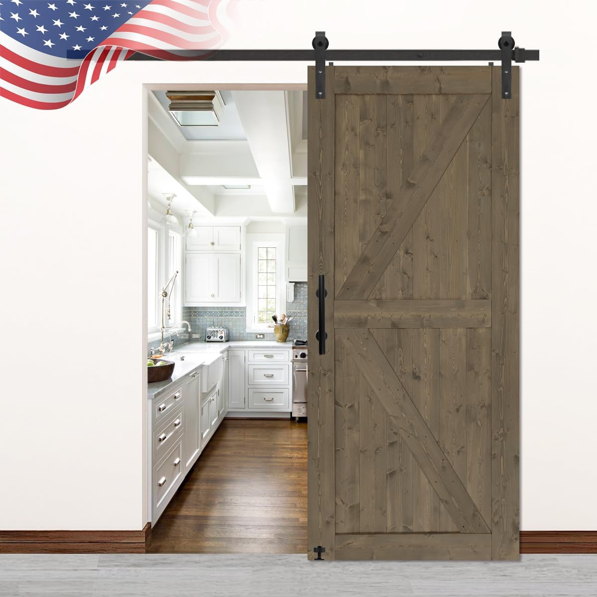 36 in x 84in Elephant Gray British Brace Knotty Barn Door with 6.6FT