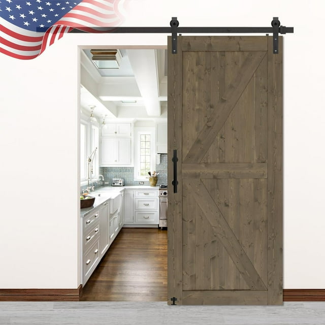 36 in x 84in Elephant Gray British Brace Knotty Barn Door with 6.6FT