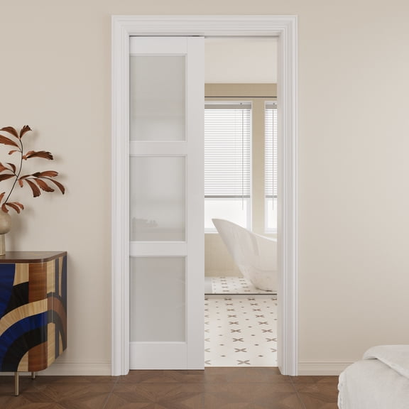 36" x 96" 3 Panel Frosted Glass Pocket Door with Soft Close, Solid Door Panel & Pocket Door Hardware & Frame, Bathroom Door, Bedroom Door, Pre-finished & Paintable, White