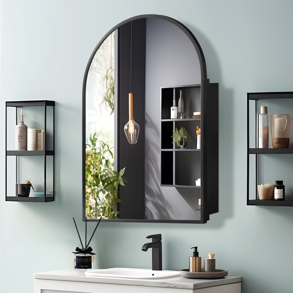 36"x24" Arched Recessed/Surface Mount Medicine Cabinet with Mirror,Black