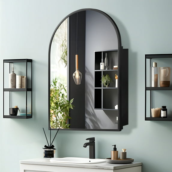 36"x24" Arched Recessed/Surface Mount Medicine Cabinet with Mirror,Black