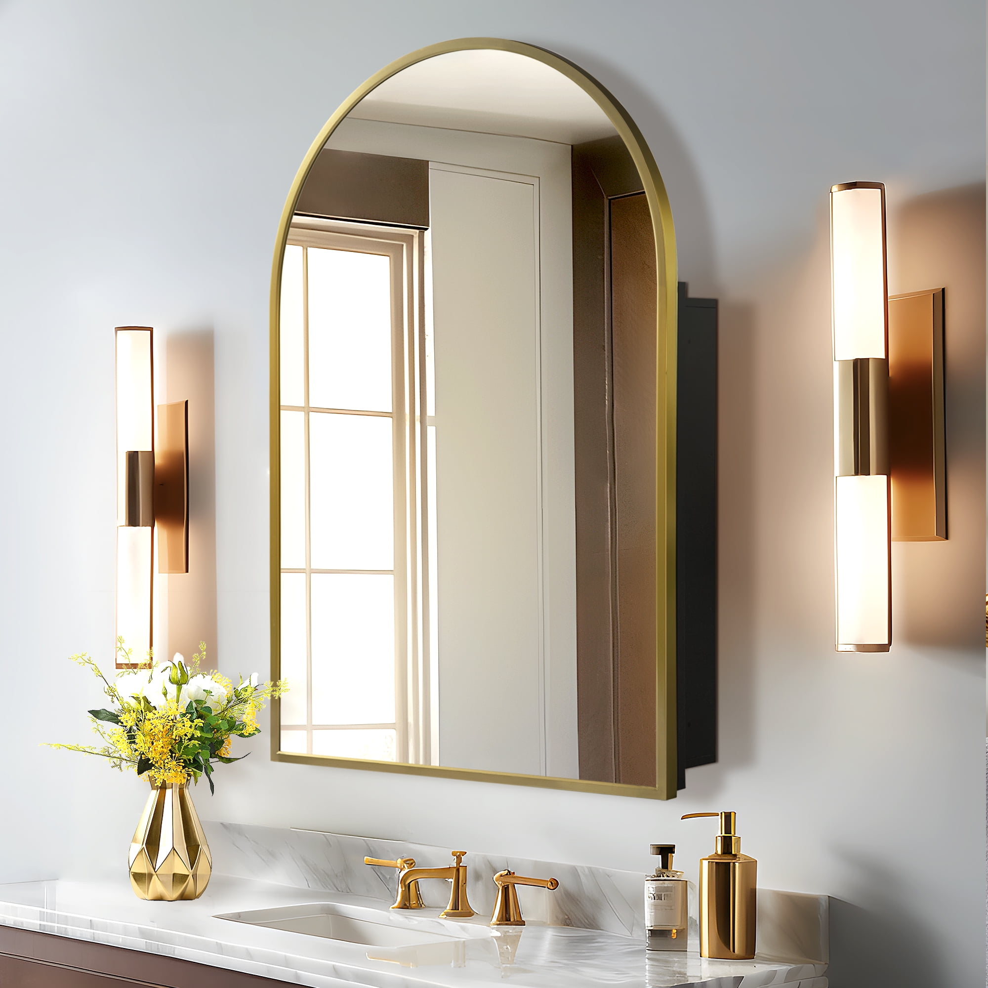 36"x24" Arched Recessed/Surface Mount Medicine Cabinet with Mirror,Gold