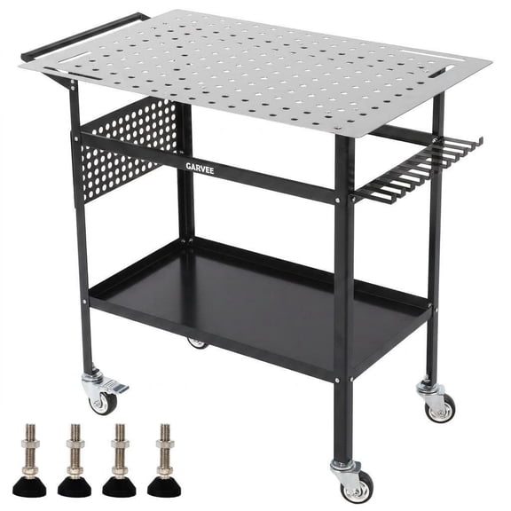 36"x24" Carbon Steel Welding Workbench, 4-Wheel with 2 Brakes, Fixed Supports, Side Pegboard, Hooks & Storage Tray Heavy Duty Welding Table, Work Bench & Plasma Table