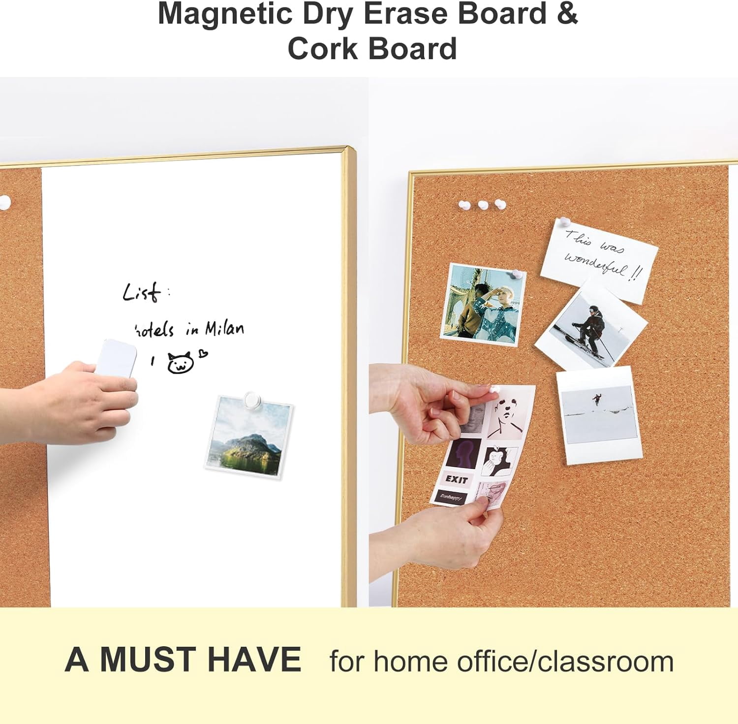36"x24" Cork White Board Combo Gold Frame Magnetic Dry Erase & Bulletin Board | On Sale | Wall-Mounted Vision Board for Home Office School