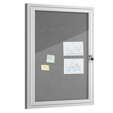 36"x24" Enclosed Bulletin Board, Outdoor Lockable Weather-Resistant Aluminum Cork Felt Noticeboard Display for Home, School, Office - Silver Frame & Grey Fabric