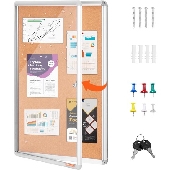 36"x24" Enclosed Cork Board with Aluminum Frame  Lockable Bulletin Board with Acrylic Door & 2 Keys  Weather-Resistant Wall Display Case for School, Home, Office