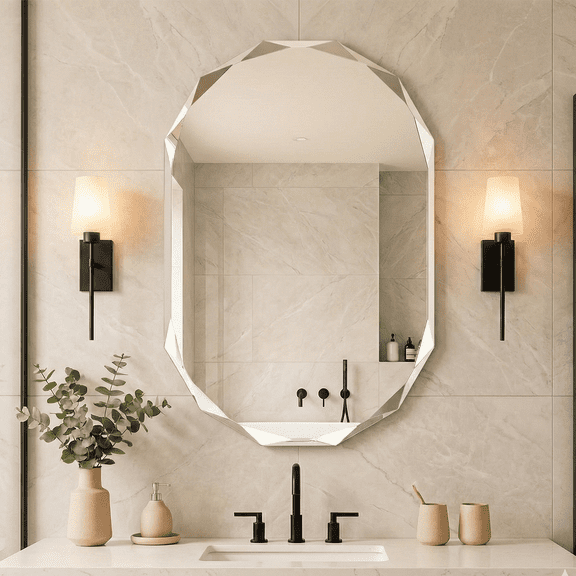 36"x24" Frameless Oval Bathroom Mirror, Faceted Diamond-Beveled Vanity Mirror with Support Back Panel, Decorative Wall Mirror for Over Sink, Entryway, Hallway