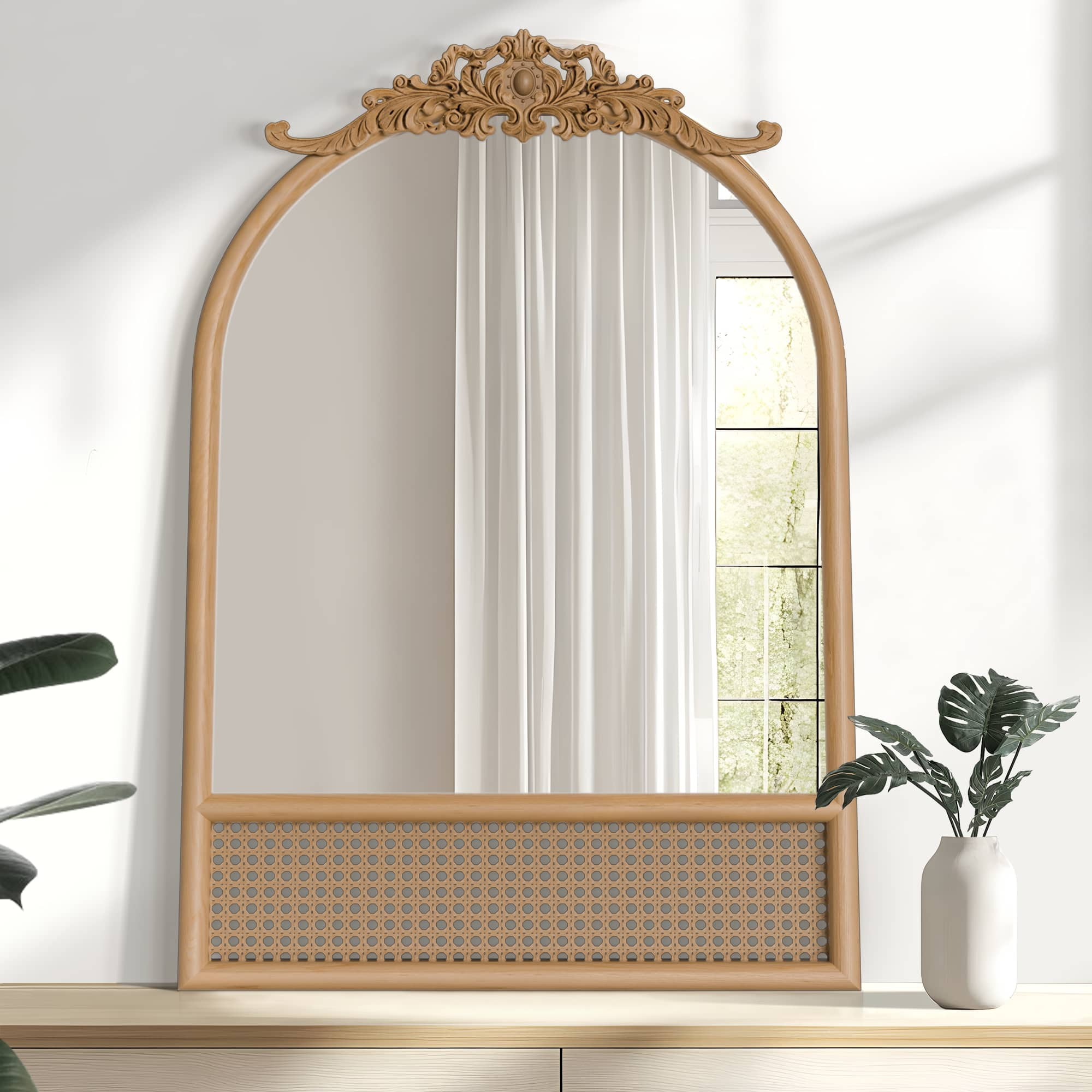 MAYEERTY 36"x24" Solid Wood Arched Mirror,Mid-Century Mirror for Bathroom, Brown
