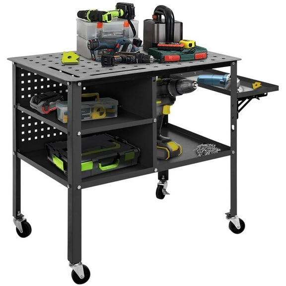 36"x24" Steel Welding Table, 1200 lbs Load Capacity Workbench Welding Cart with Wheels, 5/8 inch Fixture Holes, Foldable Tool Tray and Side Pegboard