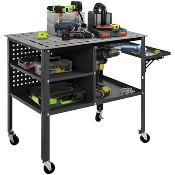 36"x24" Welding Table, Portable Rolling Metal Cart with 5/8'' Fixture Holes, 1800lbs Heavy Duty Steel Workbench with Wheels, Extra Middle Shelf & Shelf Storage Tray, Tool Organizer Trolley