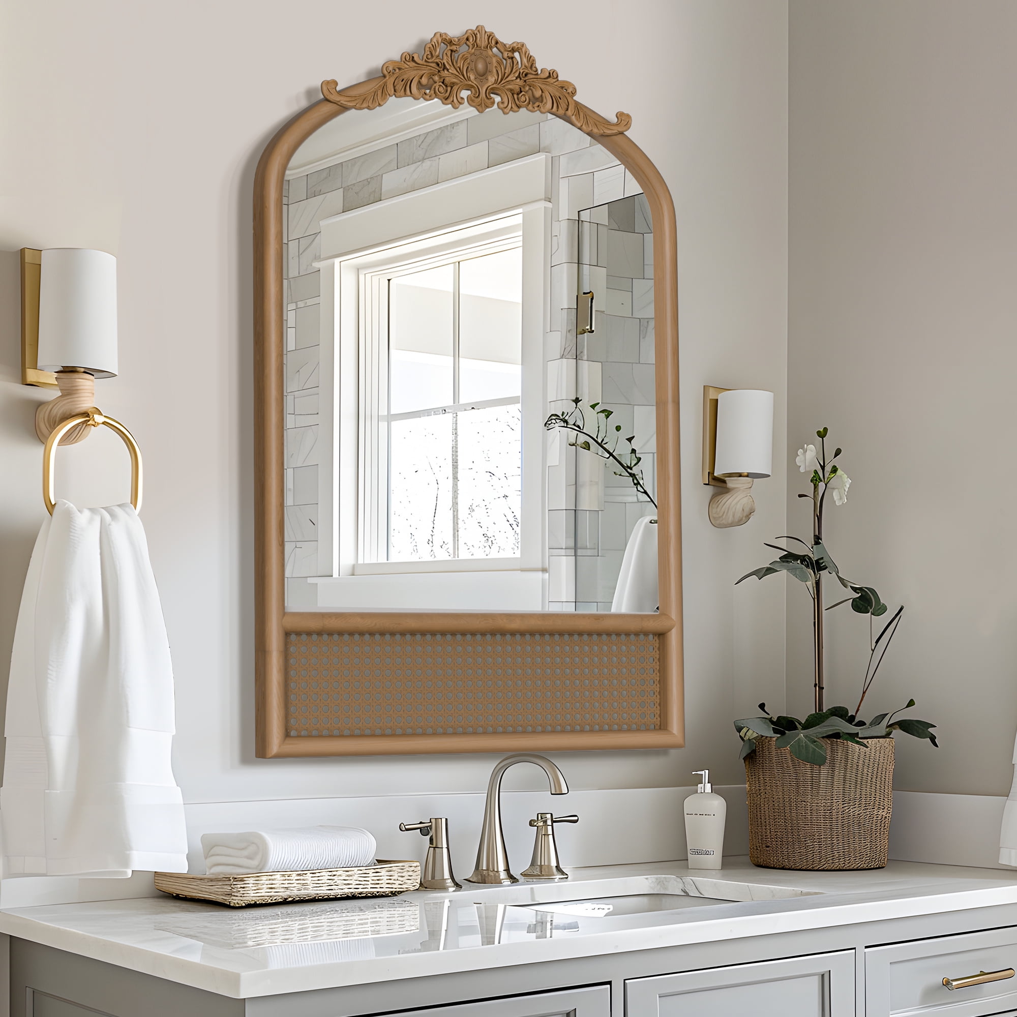 36"x24" Wood Rattan Wall Mirror Carved Arched Mirror,Natural