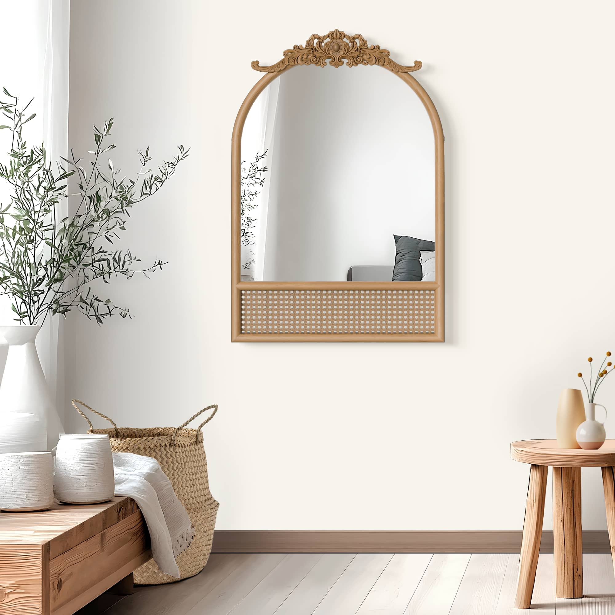 MAYEERTY 36"x24" Wood Wall Mirror Craved Mirror Vanity Mirror,Brown