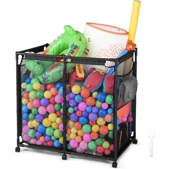 36 "x24 x35 Large Mesh Pool Storage Container Pool Float Storage Bin Mesh Rolling Organizer Cart Metal Frame Float Beach Container w/Extended Reinforced Connectors, Sturdy & Stable, Black