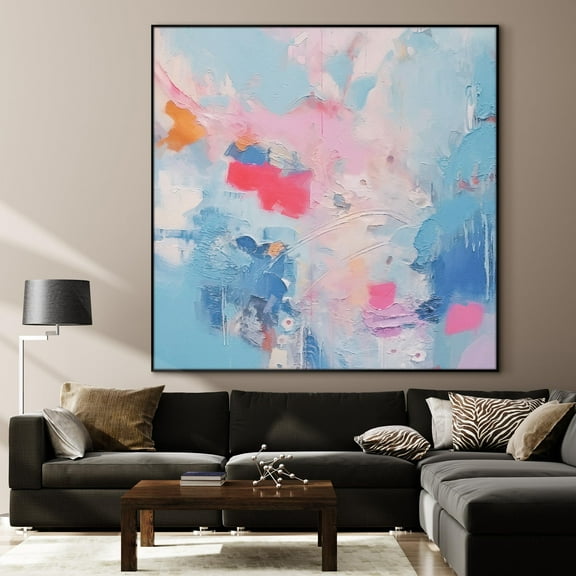 36"x36" Large Framed Wall Art - Abstract Brushstrokes Pink, Blue, and Orange (Frame Assembly Required)