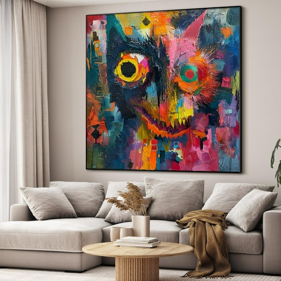 36"x36" Large Framed Wall Art - Abstract Expressionist Owl Face Colors (Frame Assembly Required)