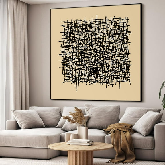 36"x36" Large Framed Wall Art - Abstract Line Dense Crosshatch Pattern (Frame Assembly Required)