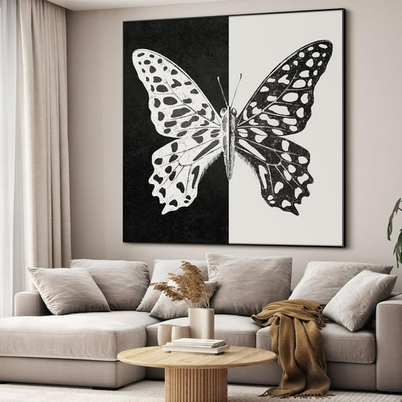 36"x36" Large Framed Wall Art - Black and White Split Butterfly Design (Frame Assembly Required)