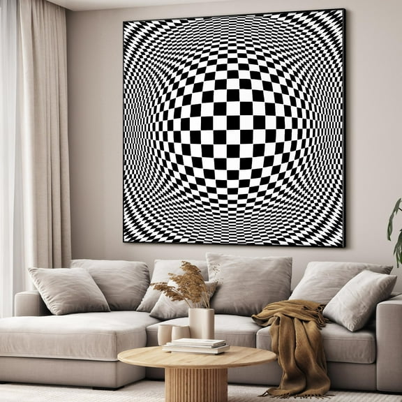 36"x36" Large Framed Wall Art - Checkered Optical Illusion Distorted Grid (Frame Assembly Required)