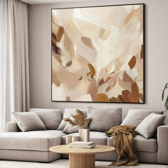 36"x36" Large Framed Wall Art - Decor Beige, Brown Brushstroke Minimalist (Frame Assembly Required)