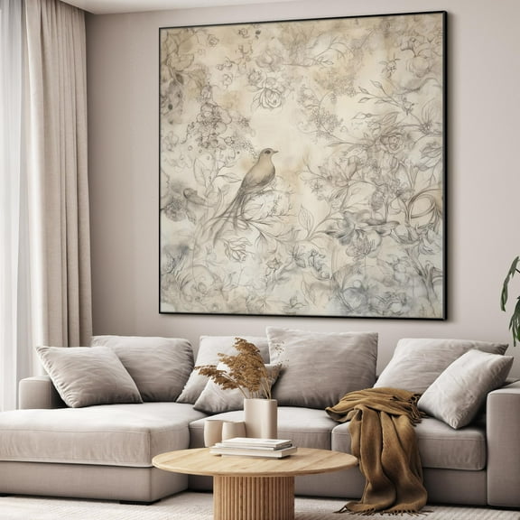 36"x36" Large Framed Wall Art - Decor Floral Sketch Delicate Bird (Frame Assembly Required)