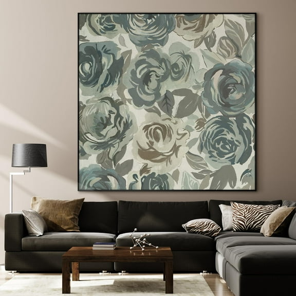 36"x36" Large Framed Wall Art - Floral Pattern Muted Blue and Green Roses (Frame Assembly Required)
