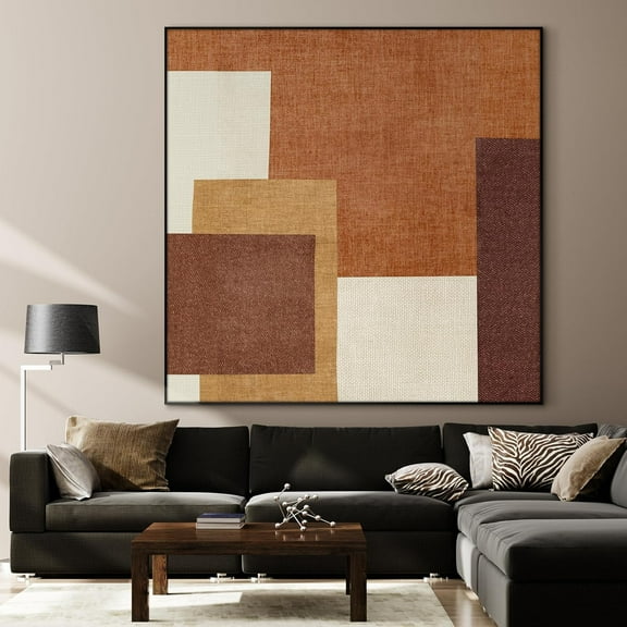 36"x36" Large Framed Wall Art - Geometric Retro Block in Brown and Cream (Frame Assembly Required)
