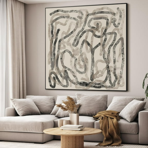 36"x36" Large Framed Wall Art - Modern Black and Beige Curved Line Pattern (Frame Assembly Required)