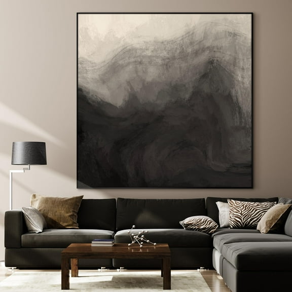 36"x36" Large Framed Wall Art - Monochrome Gray and Black Misty Mountains (Frame Assembly Required)
