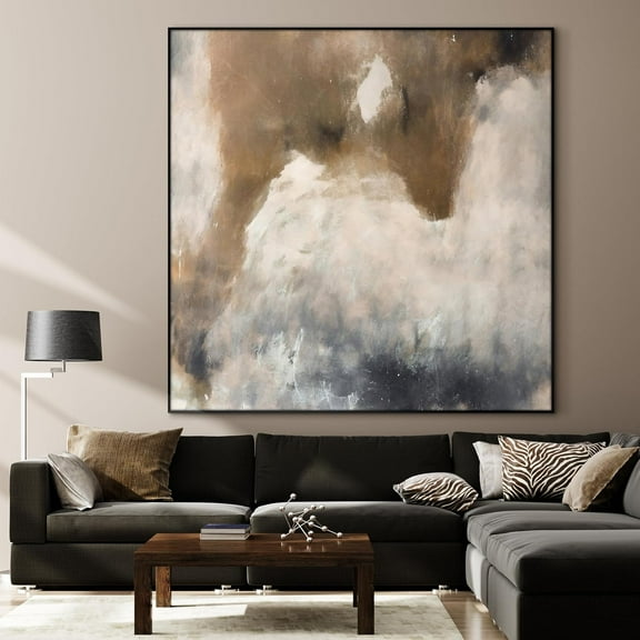 36"x36" Large Framed Wall Art - Rustic Faded White and Brown Abstract Painting (Frame Assembly Required)