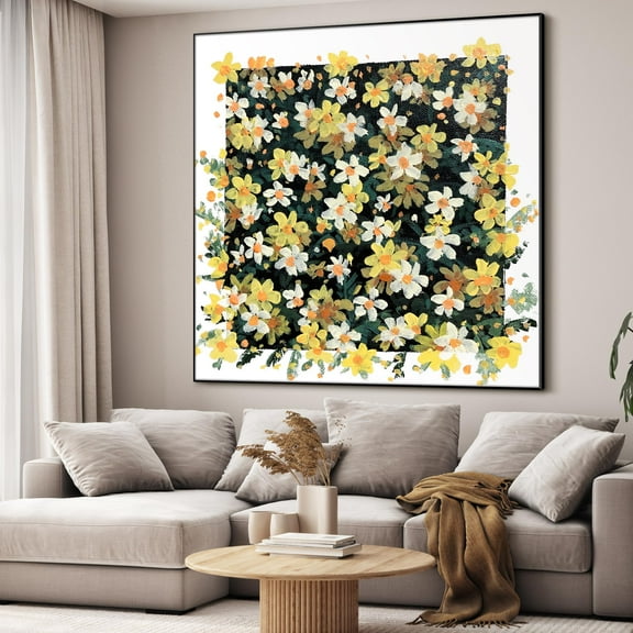 36"x36" Large Framed Wall Art - Vibrant Yellow & White Floral Field (Frame Assembly Required)