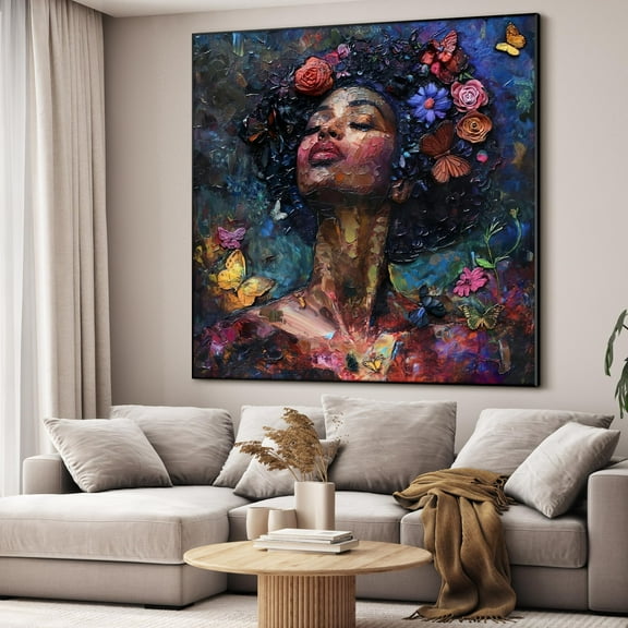 36"x36" Large Framed Wall Art - Woman with Flowers and Butterflies (Frame Assembly Required)