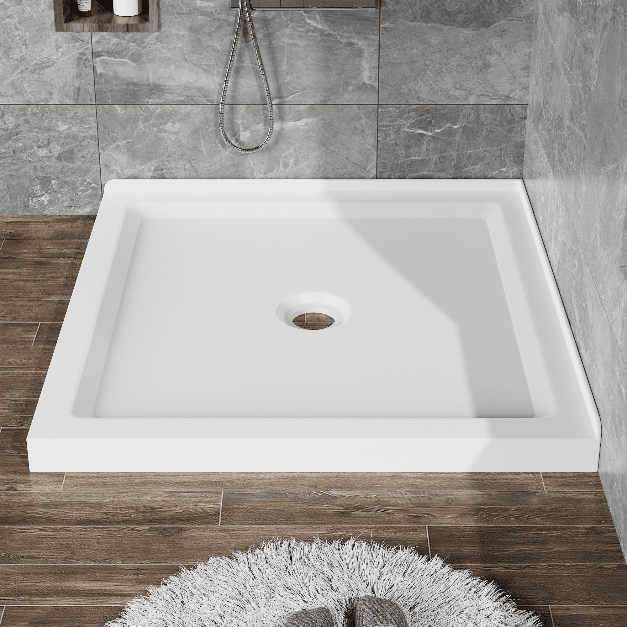 36"x36" Shower Base，3.3" Height，Anti-slip Acrylic Center Drain Double Threshold Shower Basin，White
