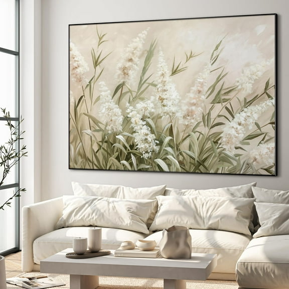36"x46" XL Framed Wall Art - Neutral Grass and White Flower (Frame Assembly Required)