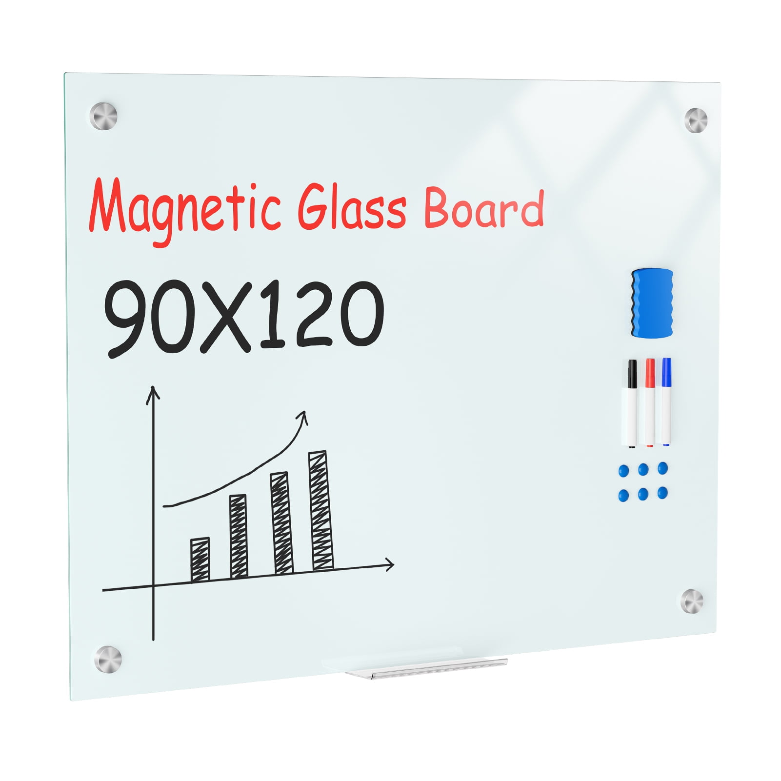 36"x48" Frameless Glass Dry Erase Board, Magnetic Whiteboard with Markers & Eraser, Stain-Resistant Wall Mount White Board for Home Office, Classroom, School