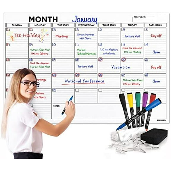 36"x48" Large White Board Monthly Calendar | Blank Dry Erase Wall Planner | Includes 6 Markers, Eraser, Push Pins & Mounting Tape