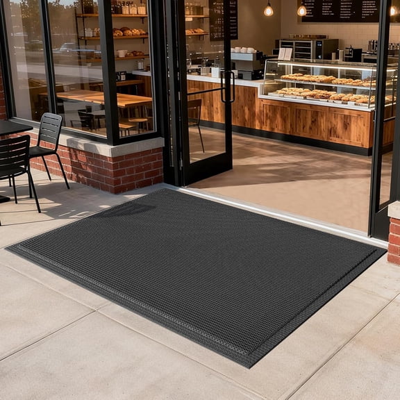 36''x59'' Black Heavy Duty PVC Rubber Entrance Mat, Drainage Non-Slip Outdoor Floor Mat, Washable Stain Resistant Mat for Commercial Kitchen Restaurant Pool Industrial Wet Area