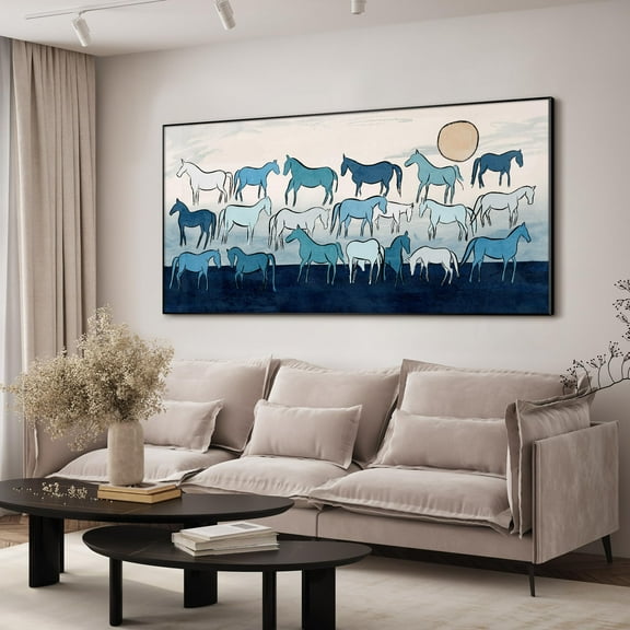 36"x72" XL Framed Wall Art - Minimalist Monochrome Blue Horse Pattern (Frame Assembly Required)