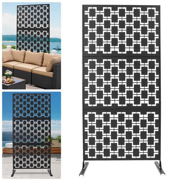 36"x74" Metal Privacy Screen Outdoor, 6.2ft Tall Freestanding Decorative Fence Panel - Black Grid Style Patio Divider for Garden, Balcony, Backyard, Terrace - Heavy Duty Weatherproof Steel