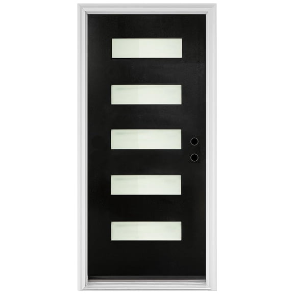 36"x80" Fiberglass Entry Door with Brickmould, Frosted Glass, Black Finish, Left Hand Inswing, White Vinyl Frame, Contemporary
