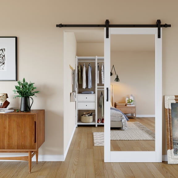 36''x80'' Full-Assembled Door Panel, Single-sided Mirrored Sliding Barn Door Solid Wood Slab Doors With Installation Hardware Kit