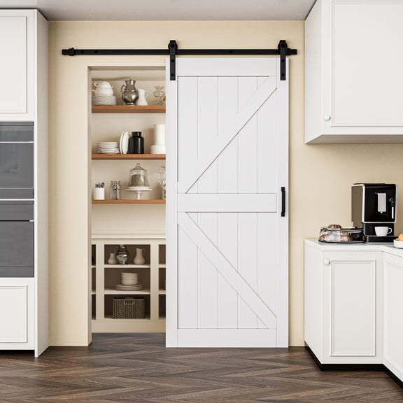 36''x84''Modern K Shape Primed Sliding Barn Door with Installation Hardware Kit (Double Door & Soft Close Optional)