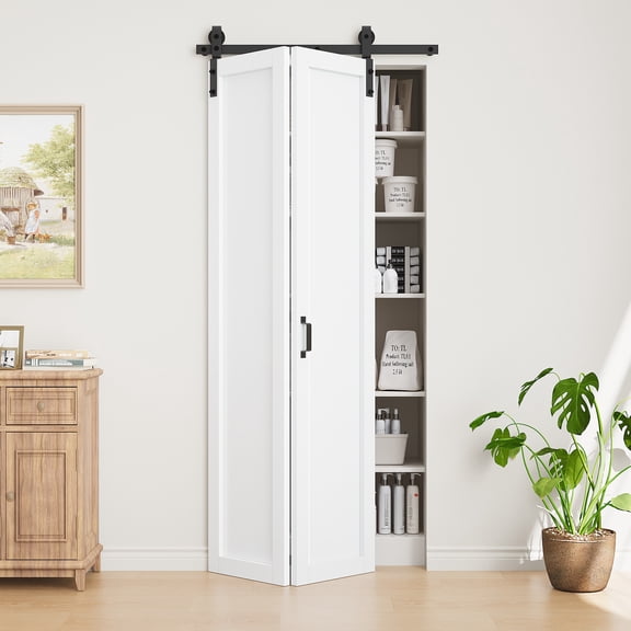 36"x84" No Assembly Panels, Bi-fold Barn Door White Prime Solid Manufactured Wood Interior Closet Doors with Hardware Kit