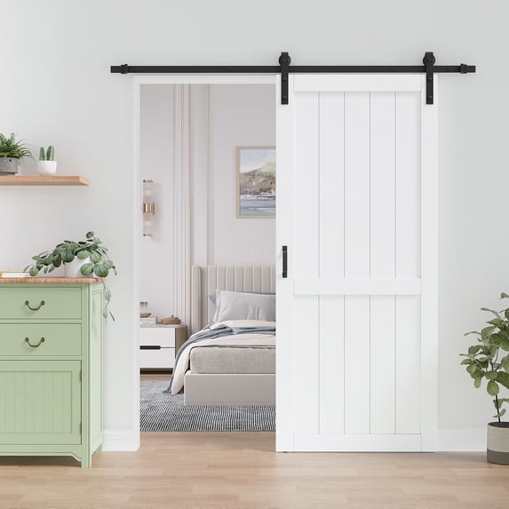 36''x84'' White Primed Paintable Sliding Barn Door – Solid Manufactured Wood, Closet & Pantry Interior Door with Complete Installation Hardware Kit