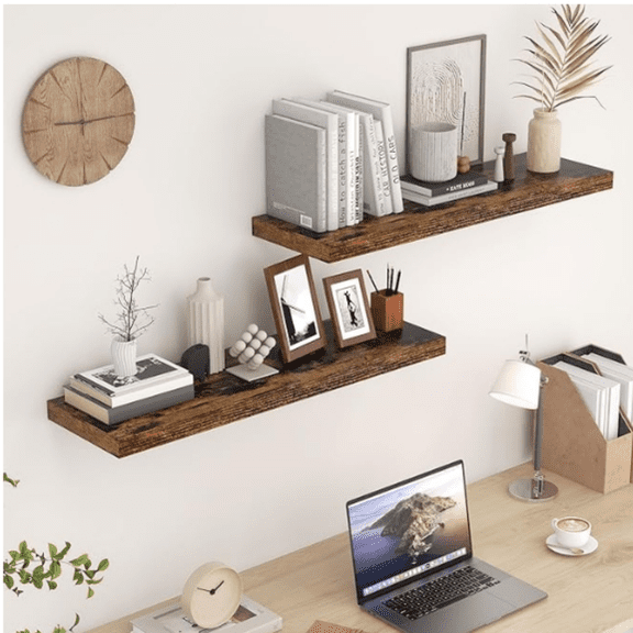 36"x9.3" Floating Shelves, 9.3 Inch Deep Floating Shelf, Rustic Wall Shelf 36 Inch Long, Large Display Shelf for Books, Deep Storage Shelf for Living Room, Laundry Room - Rustic Brown, Set of 2